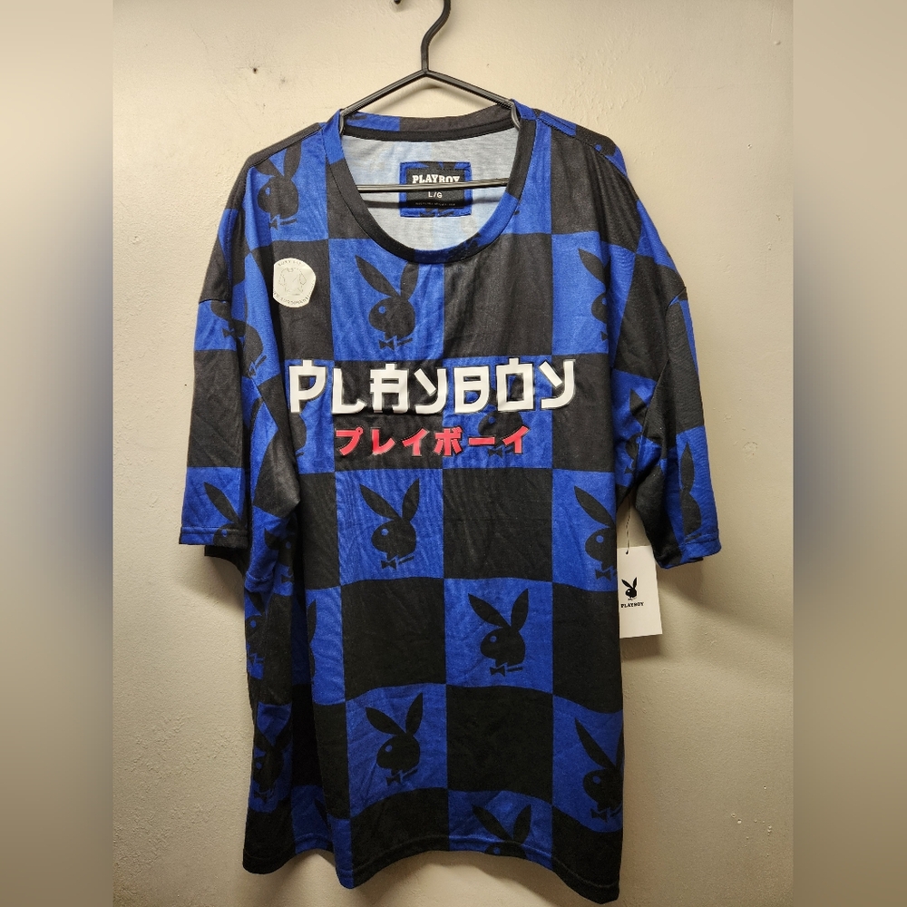 Playboy Japanese  checkerboard blue black t-shirt boxy fit bnwt